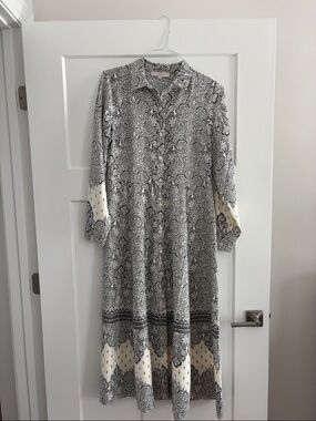 LOFT Black and Cream Paisley Maxi Shirt Dress